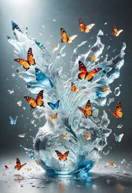 epic insane detailed long exposure photo shot, dramatic shot, Made_of_pieces_broken_glass transparent sculpture of a broken glass vase , focus on a vase, (bouquet of flowers in a vase:1.2), spilled water on the table, flying Butterflies in the air, glass,crack,broken glass, vibrant colors,   Made_of_pieces_broken_glass, <lora:Made_of_pieces_broken_glass_v2-000005:0.7>, Vibrant colors,  abstract forms, surreal, trippy, crystalz, Made_of_pieces_broken_glass, glass, shards, broken glass, transparent glass, pieces of glass, sparkles, glitter, made of water, m1c, cl1, bc7, gl5, t3n, ml3, gl0, bbl3, p7p, s7r, ph0, br1, 3mc, detailed, particles, water, crystal, translucent, transparent