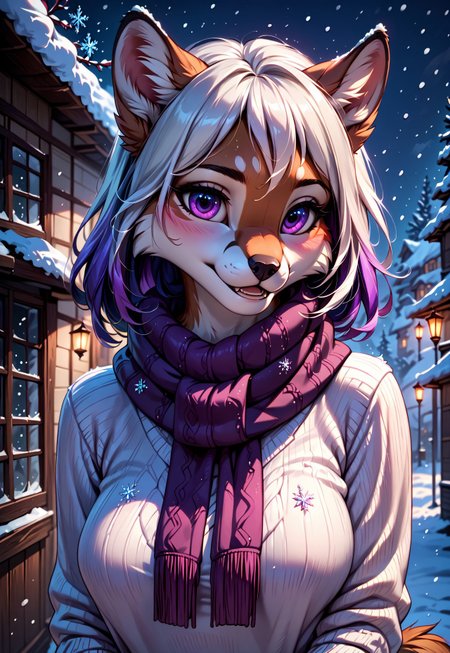 safe_pos, score_9, score_8_up, score_7_up, score_6_up, photorealistic, epiCPhotoGasm-colorfulPhoto, Realistic, highres, super high resolution, 8k, photo, furry, Furry, anthro, fur, female, realistic, detailed, tail, detailed fur, female, 
score_9, score_8_up, score_7_up, score_6_up, 25 years old, perfect face, (adult), sexy, close view, 
purple eyes, 
multicolored hair, colored inner hair, white hair, purple glowing hair, purple glowing scarf, 
white sweater,
winter, snowing, snowflakes,
blush, shy smile, 
night,