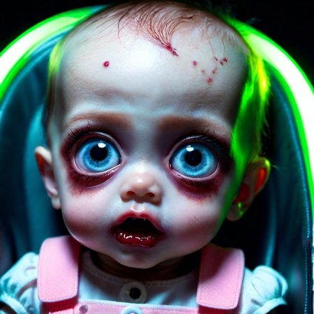 <lora:add-detail-xl:0.8> Baby zombie girl sitting in a pram, in the style of the walking dead, glowing eyes, multiple facial expressions, cinematic quality, cinematic lighting, 128k, 1080p, hyper realistic details, Canon EOS 1200p, neon, black light,DSLR, maxim, pastel colour palette,(mark ryden 1.3) <lora:bigeyes-xl-v1:0.8> big eyes, anime eyes