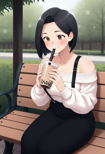 masterpiece, best quality, 1girl, solo, brown eyes, black hair, short hair, off-shoulder sweater, white sweater, suspenders, suspender skirt, long skirt, black skirt, outdoors, sitting, on bench, bubble tea, holding bubble tea, straw in mouth, drinking, smile, blush, <lora:ChamYamadaSanaeNoob:1>