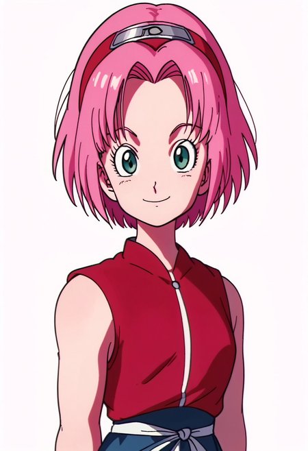 score_9, score_8_up, score_7_up, score_6_up, score_5_up, score_4_up, BREAK, source_anime,
1girl, haruno sakura, pink hair, short hair, green eyes, sleeveless, red shirt, forehead protector,
hands behind back, smile, upper body, looking at viewer, solo, simple background, white background, anime screencap, anime coloring   <lora:SakuraShippudenXL:1> 90s dbz style, style dragon ball z girls 90s, retro style.