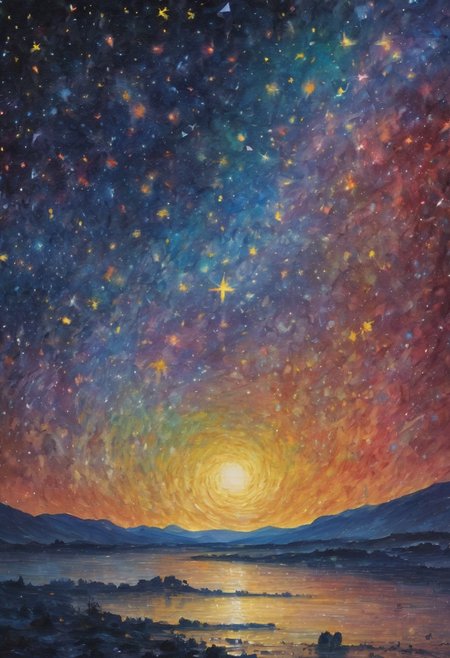 Colorful vincent van gogh starry night sky :: cinematic 16k resolution masterpiece illustration painting consisting of oil, watercolors and ink :: spiral galaxy in the sky :: alien invasion fleet :: frisco watercolors and oil sky raining shooting stars twinkling stars glistening stars glittery stars large full moon stars :: Ivan Aivazovsky Kentaro Miura Gustave Dore Greg Rutkowski romantic naturalism starry night landscape :: intricate motifs perfect composition masterpiece insanely-detailed extreme-detailed hyper-detailed beautiful volumetric deep rich colors volumetric lighting shadows Ray tracing smooth perfect texture :: james webb space telescope