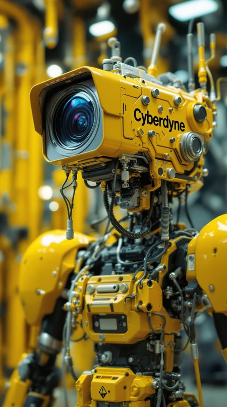 A plastic yellow security camera intricately integrated into a futuristic hybrid mech robot, adorned with technology emerging from its body. The setup features the word "Cyberdyne " prominently displayed. The scene is captured in cinematic, epic realism with an 8K resolution, highlighting highly detailed surrealist elements. The composition exudes a fantastical and magical vibe, with a touch of unexpectedness. The image is a super detailed dreamy lo-fi photograph, rich in color like a documentary film still.Shot on a Hasselblad X1D 50c with a Hasselblad XCD 90mm f/3.2 lens, ISO 100, Kodak film simulation, and subtle lens flare. 