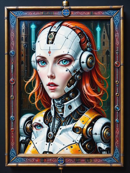 rectangular frame, painting, medieval  jed-rbt witch, robot, cyberpunk  <lora:pam-mdvl:1> pam-mdvl  <lora:RoboStyle:0.6>, (masterpiece:1.2), best quality