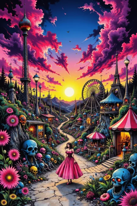 amusement park beautiful anime landscape, sunset, woman, very intricate, very detailed, sharp, bright, colorful, <lora:Hand v2:0.5> <lora:Anti-Blur:1><lora:Insane Detail Slider:0.25>  <lora:flux.1_lora_flyway_Epic-detail_v2:0.3> <lora:fluxenhancer:0.25> <lora:ROWER:0.6> <lora:flux-charmer-v1-1:0.4>  <lora:Crazy_Horror:1> cr3z1h0rr0r