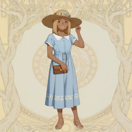 gygirl, 1girl, solo, short blonde hair, bangs, pink lips, brown eyes, tanned skin,
Full body, gygirl in a light blue dress decorated with flowers, a straw hat. gygirl smiling as she holds a wallet as she walks in a field of flowers