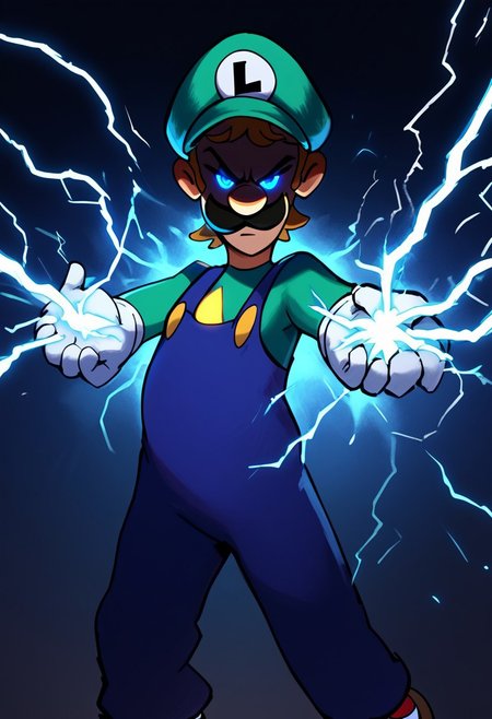 score_9, score_8_up, score_7_up 
   , masterpiece, beautiful,,electric powers, electricity bend, dynamic pose, dramatic lighting, itluigi, angry, bend knees,cartoon-style, green hat, green long-sleeved shirt, blue overalls, moustache, round nose, brown shoes, white gloves, yellow buttons, brown hair, slim, striped socks, red and white socks, l emblem on hat, looking at viewer, blue eyes,  twinkling particles, stardust, eye_trail, glowing eyes,lightning thunder trails, lthndrtrl, lot of lightning coursing along body, electric yellow glow, large sparks of electricity, masterpiece, best quality, very aesthetic, made of golden and blue and red and yellow and purple lightning thunder trails , lthndrtrl, high score, great score, absurdres, shaded face,shaded face, (black face:1.2)glowing eyes
