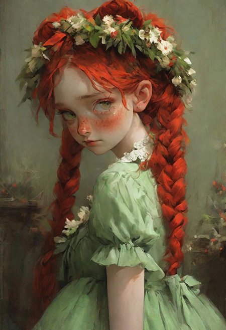 masterpiece,   best quality,
red pigtails, a wreath of flowers on her head,freckles, a green dress