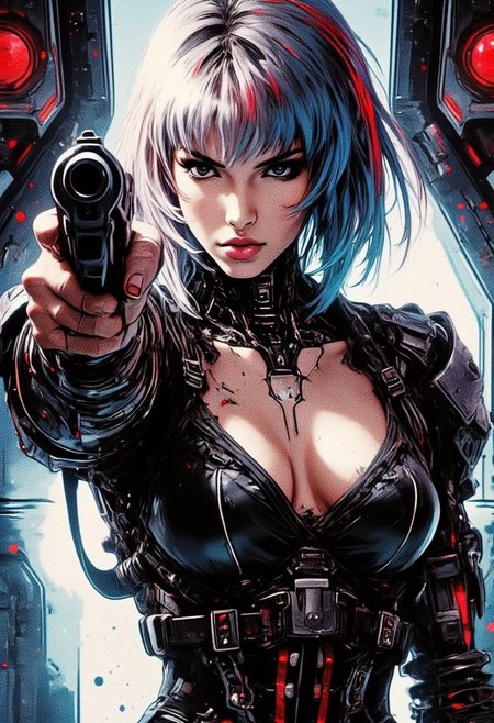 photorealistic image of stunning oriental goth female terminator cyborg, multicoloured bob, platinum with blue and red, bangs, lips parted, seductive, sultry, lustful, choker, long earrings, skintight jumpsuit, revealing armour, cleavage, aiming sci-fi handgun at viewer on board spaceship