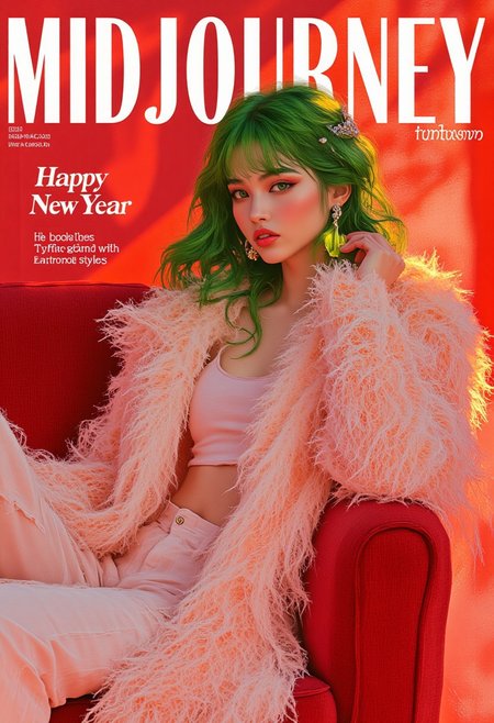 fg ,midjourney, midjourney_whisper_avant_couture, (A modern, Magazine cover with heading that reads "Happy New Year", complementing the festive tone.))
A stunning studio-lit cover shot featuring a stylish, beautiful female model with pale skin, striking green eyes, and flowing green hair. She sits gracefully on a plush red couch, wearing a chic pink fur coat draped over her shoulders, paired with a trendy tank top and sleek pants. The composition highlights a close-up perspective, capturing her confident gaze and radiant expression.
The background is minimal and clean, emphasizing the model's vibrant look and bold styling. Bright, glossy colors dominate the image, with perfect studio lighting bringing out the texture of the fur coat and the glossy sheen of her outfit.
This cover combines a glamorous aesthetic with editorial polish, using vivid hues and ultra-sharp details, making it a standout 16K magazine cover design.
