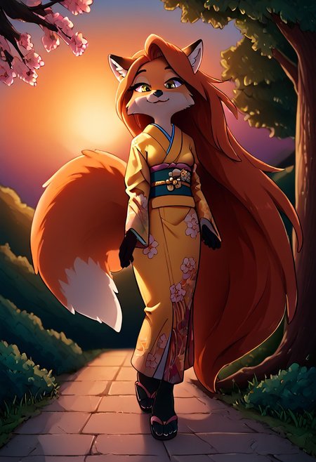 score_9_up, score_8_up, score_7_up, (masterpiece), (best quality), hyper detailed, perfect anatomy, anthro fox girl, dazzling, perfect face,
sexy, seductive, (absurdly long hair, very long hair, floor length hair:1.3), orange hair, hairflower, bright amber eyes, print_kimono, ruanyi0712, floral print, yellow kimono, obijime, sandals, tabi, wide sleeves, furisode, orange fur, fox tail, dusk, anthro, female furry, fox, fox tail, fox ears, body fur, fluffy, paws, sunset, trees, outdoor, in spring, falling petals, cherry blossoms, looking_at_viewer, dynamic_angle,