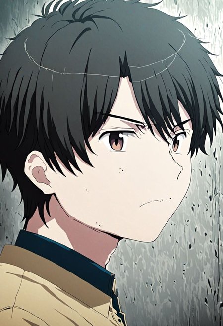 high resolution, solo, best quality, 1Boy, Inaho Kaizuka, Black Hair, portrait, looking at viewer, focused gaze forward, upper body, head upright, anger, OverallDetail