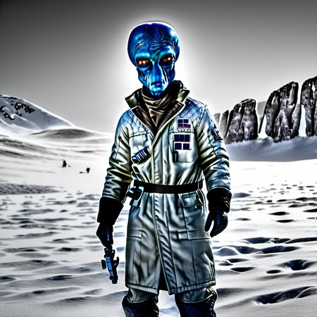 professional 3d model a male duros alien in a white parka in the snow on Hoth <lora:duros_alpha2-000006:1> . octane render, highly detailed, volumetric, dramatic lighting