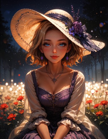 score_9, score_8_up, score_7_up, score_6_up, score_5_up, score_4_up,   1woman, (beautiful face, cute face, 18 years old), blonde, short hair, soft lighting, smiling, blush, looking at viewer, blue eyes, hands between knees, leaning forwards, night, bokeh, moonlight, tan skin, black background