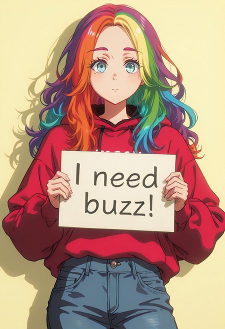 score_9, score_8_up, score_7_up, score_6_up,Enchanting Eyes, LDSCH Style, aesthetic, absurdres, beautiful, highres, detailed eyes,
Solo, 1girl, rainbow hair, turquoise eyes, attractive, long hair, cowboy shot, jeans, sweatshirt, need_buzz, holding sign,
