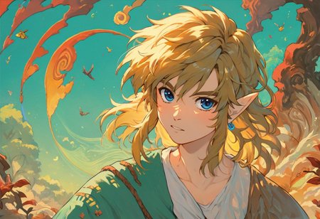 score_9, score_8_up, score_7_up, score_6_up, masterpiece, best quality, cute boy, 1boy, (looking at viewer), amazing quality, best aesthetic, intricate details, link, long hair, loose hair, blond hair, blue eyes, blue earrings, tattoos on the arm,mazjojo, (outside), floating islands, flying islands, blue sky, Dreamyvibes Artstyle, (f3nn3r), (colourful, pink, blue, black, red, trippy background), (churning cosmos, psychedelic background), golden yellow japanese bonsai trees, close view, wind,