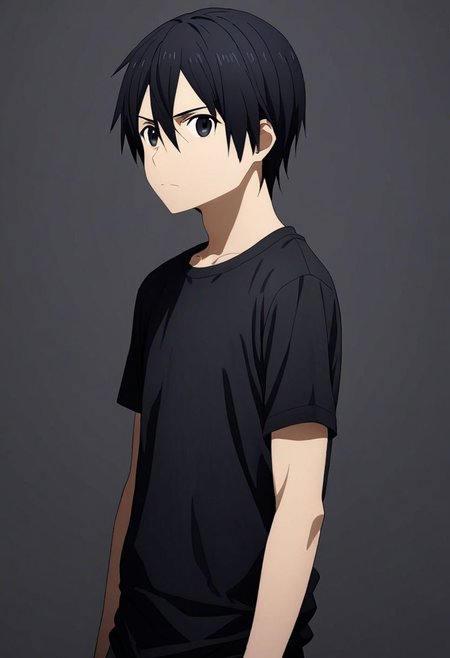 high resolution, professional photography, best quality, 1Boy, Kirigaya Kazuto, Black Hair, Black Eyes, dark t-shirt, looking at viewer, focused gaze forward, plain background, straight body, head upright, overalldetail