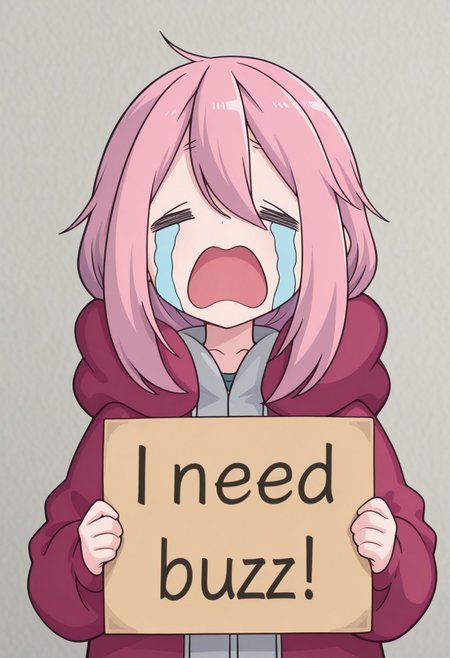 1girl, standing, nadeshiko kagamihara, uohhhhhhhhh! \(meme\), streaming tears, tongue, crying, meme, =_=, open mouth, tears, need_buzz, holding sign