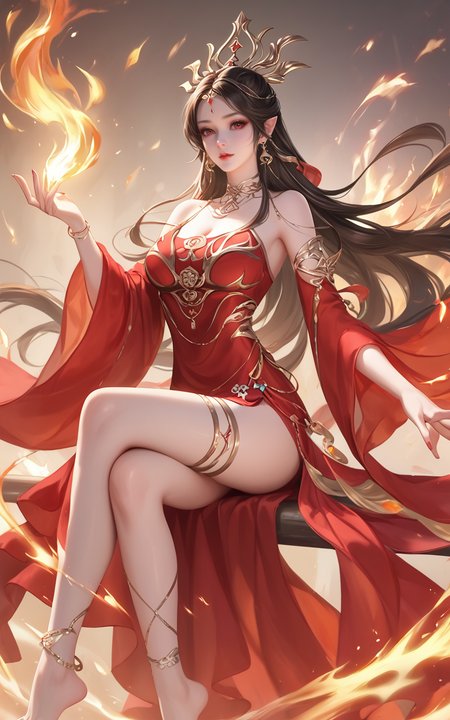 score_9,score_8_up,score_7_up,
<lora:MedusaartPony1:1>,
Medusaart, 1girl, long hair, jewelry, solo, bare legs, fire, sitting, black hair, earrings, anklet, hair ornament, forehead mark, crossed legs, barefoot, red eyes, brown hair, bare shoulders, outstretched hand, thighhighs, red dress, Leg ornaments