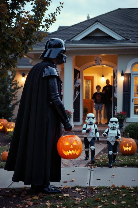 A comical scene of Darth Vader trick-or-treating door to door in a suburban neighborhood, with a small, glowing orange pumpkin bucket in hand. His imposing black armor contrasts with the cute, childlike moment, as he stands in front of a house decorated with skeletons and cobwebs. The door opens, revealing a stunned family handing out candy, while Vaderâs cape billows slightly in the autumn wind. The front yard is full of jack-o'-lanterns, and children dressed as stormtroopers follow behind, giggling as they hold their own candy bags.<lora:aidmaMJ6.1-FLUX-V0.1:0.6><lora:Movie_Portrait><lora:Flux DetailerV2>