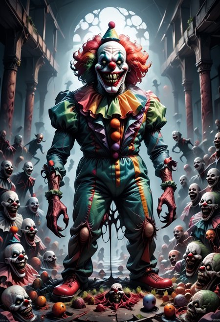 score_9, score_8_up, score_7_up, score_6_up, score_5_up, very aesthetic, fleshmutant, biopunk, full body, standing, grotesque, fleshy, horror clown in old-fashioned clown costume, evil clown, scary clown makeup, pointed triangle teeth, creepy oversized smile, fat, inflated, Latex skin, grimdark lighting