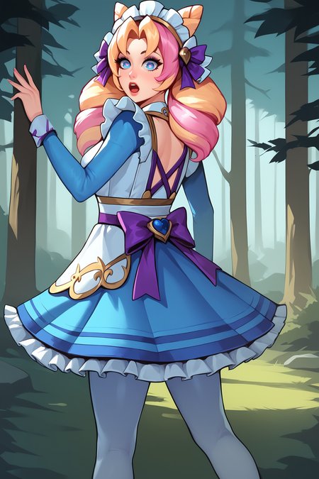 score_9, score_8_up, score_7_up, score_6_up, BREAK, GwenCafeCXL, blue eyes, one eye star-shaped pupil, blonde hair, pink hair, multicolored hair, twin drills, double buns, parted bangs, maid headdress, purple bow, medium breasts, maid, purple bowtie, blue dress, long sleeves, blue skirt, white pantyhose, solo, standing, from behind, ass focus, big ass, surprised, looking at viewer, forest, tree <lora:GwenCafeCXL:0.9>
