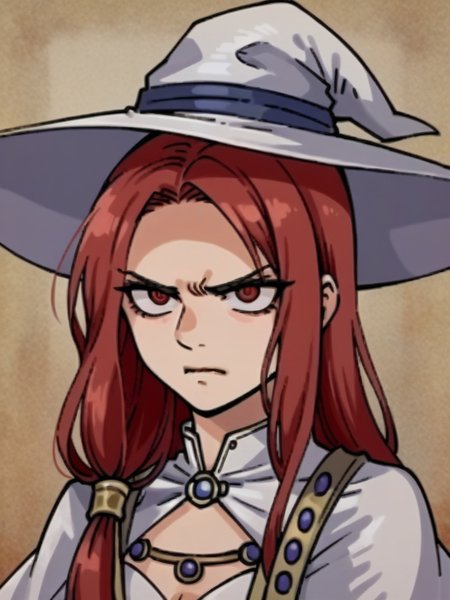 <lora:Ryoko_Kui_Portaits-PonyXL-1024px:0.9>,1girl,solo,portrait,long hair, red eyes, dress, jewelry, angry, closed mouth, bracelet, red ponytail, BREAK shoes, white dress, white witch hat