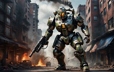 tb, photorealistic movie still of a mech, (spartan helmet:1.3), large gun, war torn city, fire, smoke, blown up buildings, full body, low key lighting, 10k high resolution, action scene, thick oil paint, high quality macro photo, highly detailed, high quality, vibrant colors, art by mooncryptowow, <lora:ThickBrush:0.7> <lora:wowifierXL:0.5>