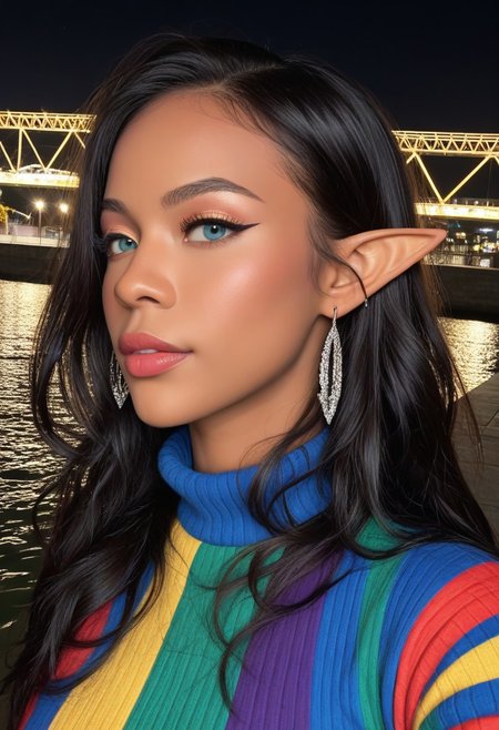 score_9, score_8_up, score_7_up, portrait, beautiful college elf, chindopanlok, close-up, colourful multi-coloured dress sweater, navel, evening bridge, illuminated in a flood of luminous warm-toned lights, razor-sharp realism with shimmer detail and a seductive fashion editorial vibe, face focus, pointy ears