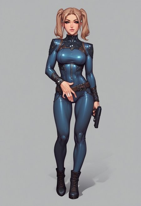 masterpiece, best quality, cowboy shot, French, stunning, 29yo, adult woman, light brown hair, uneven twintails, slender, Steel Teal bodysuit,
[EyeDetail, fFaceDetail,]
((full-clothed)), ((long big pistol in hands, handgun in hands))
BREAK 
strange world background score_9, score_8_up, score_7_up, score_6_up, source_cartoon, rating_explicit, Expressiveh, (((((full body))))), dynamic pose