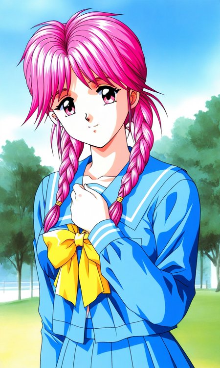 general,highres, ultra-detailed,very aesthetic,best quality ,best hands, BREAK  <lora:Koshiki_Yukari_Tokimeki_Memorial_IS:1>
Koshiki_Yukari(Tokimeki_Memorial), 1girl, solo, pink hair, twin braids, long hair, pink eyes, bangs, breasts,
school uniform, blue serafuku, blue skirt, Yellow bow, hand on own chest,
sailor collar, blue sailor collar, smile, long sleeves, pleated skirt, 
outdoor, tree, sky,