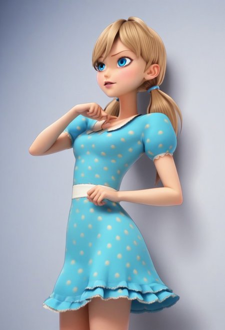 , score_9, score_8_up, score_7_up, score_6_up, score_5_up, score_4_up, 1girl,breasts, breasts, medium breasts, source_cartoon, 2D, detailed eyes, bright blue eyes, (petite body), (athletic tummy:0.8), (small breast:0.8) (sexy pose:1.4), (teasing:1.4)
1girl, solo, erotic aesthetics, unique angle, detailed background, semi realistic, source_cartoon, modern, 
imtdaurobeaureal, 1girl, twintails, low twintails, blue eyes, blonde hair, long hair, dress, short sleeves, polka dot dress, blue dress, puffy sleeves
