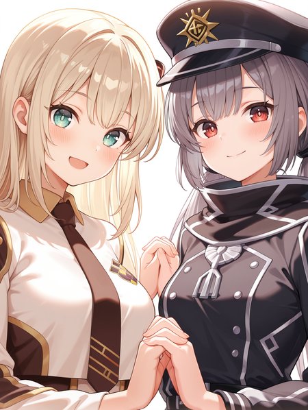 2girls,holding hands,open mouth,looking at viewer,smile,upper body,large breasts,closed mouth,blush,sky striker ace - raye,ordinary uniform,brown hair ornament,white cropped jacket,brown waist cape,white collared dress,brown necktie,sky striker ace - roze,black scarf,black military uniform,bare hands,
masterpiece,best quality,amazing quality,very aesthetic,absurdres,newest,<lora:Sky striker ace - Raye & Roze illusXL v1.1:0.71>,
