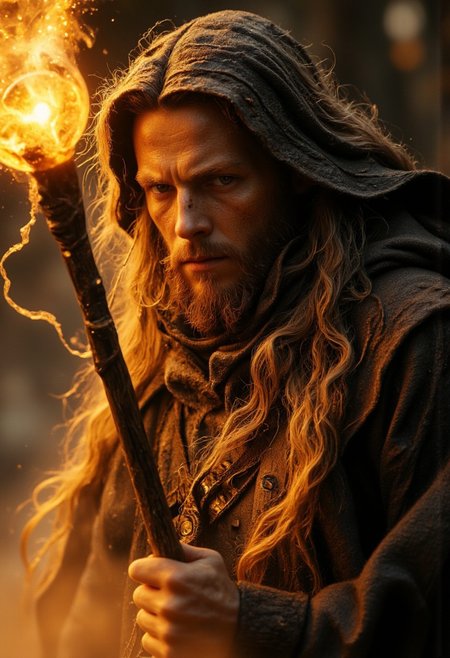 cinematic Closeup movie still-shot,  Create an action scene featuring a halfling hobbit wizard male with Long hair in a broad outworn hooded cape shading his eyes, standing in the midst of an DARK desert forest. he is executing a powerful spell with his Long orb-staff with a translucent Amber Sphere head that carves a furrow through the sand and enemies on the ground, scattering them away or disintegrating them with the force of the blow. The focus is on the intricate designed luminous orb-staff capturing the dynamic speed of the Magic force. Pressure Wave, floating particles, the Closeup of his face silhouette visible against the backdrop of the setting sun, which shines through parts of his body. his billowing Linen cape adding to the dramatic effect. The scene is vibrant with atmospheric lighting and cinematic composition. Super Face Closeup