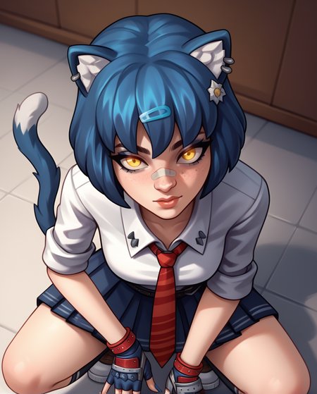 score_9, score_8_up, score_7_up, score_6_up, score_5_up, score_4_up,
BREAK
school_maeve, schoolgirl maeve outfit, bandaid on nose, blue gloves, squatting,  intensive angle, close up, high angle, from side, looking at viewer
BREAK
 <lora:SchoolMaeve2:0.8>,