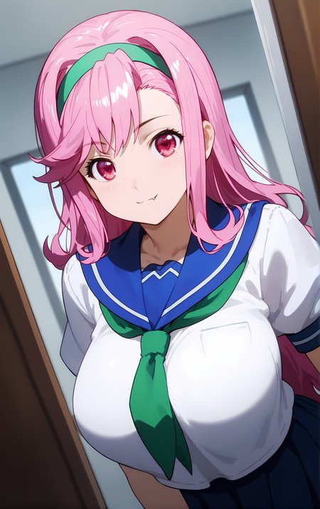 (score_9, score_8_up, score_7_up), standing, leaning forward, looking at viewer, light smile, closed mouth, shiny skin, tight clothes,
ohwx, 1girl, solo, pink_hair, long_hair, hairband, pink_eyes, red eyes, heart, fang, fang_out, breasts, large_breasts,
school_uniform, serafuku,
fitting room,
cowboy shot, dutch angle, close-up,
 <lora:shiria_ootsuka_pony_ss:1>