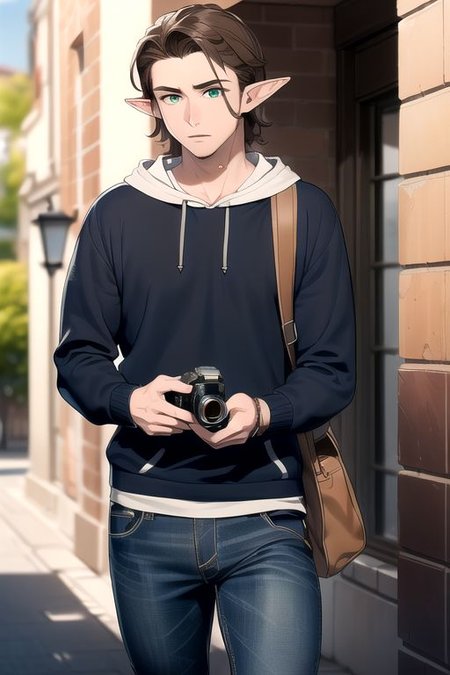 (masterpiece, intricate:1.3), (best quality, hires textures, high detail:1.2), (4k) male, elf ears, medium hair, brown hair, green eyes, jeans, hoodie, messenger bag, holding a camera, taking a photo