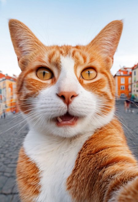 pretty funny cat,take a selfie,looking to camera,kind face,very realistic,city on background,(fluffy:0.2) (ginger:0.2)