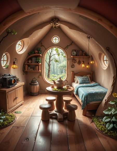 score_9, score_8_up, score_7_up,amazing quality, ultra realistic, 3D, HD, best quality, amazing quality, very aesthetic, absurdres
A highly detailed, realistic photograph of a tiny gnome house nestled at the base of an ancient oak tree, taken in soft morning light with a gentle mist hanging in the air. The house is crafted from natural materials: smooth stones form the lower walls, and curved wooden planks create a round, thatched roof with patches of moss and small wildflowers growing on top. Tiny circular windows with stained glass panels glow faintly from within, casting warm amber and green hues. A miniature wooden door with intricate carvings sits slightly ajar, surrounded by tiny lanterns that hang from delicate hooks, each softly glowing. Around the house, the forest floor is covered in dew-kissed clover, mushrooms of varying sizes and colors, and winding little cobblestone paths. In the background, tall ferns and oversized leaves tower, giving the scene an enchanted, hidden feel. Subtle rays of sunlight break through the canopy above, highlighting fine details with a dreamy, ethereal atmosphere. Hyper-realistic style, high-resolution, rich earthy tones, with an overall cozy and magical woodland vibe. No creatures or people, only nature and the charming architecture of the gnome's home.
<lora:SDXLFaeTastic2400:0.4> <lora:extremely_detailed:0.4> extremely detailed,tiny gnome h0us3 <lora:tiny_gnome_h0us3-p:1>