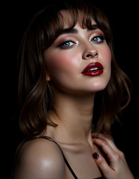 A photorealistic close-up of sabcarp, woman’s face,  partially illuminated by a single, soft light source. Her pale skin contrasts sharply with the deep shadows surrounding her. Her hair is wavy brown, with bangs, revealing perfectly arched eyebrows. Her eyes, wide and strikingly blue, are framed by long, dark lashes. Her lips are painted a bold red, adding a touch of glamour to the otherwise stark image. The background is a deep black, making her face the sole focal point. She is wearing an outfit with wide neckline

Aesthetics include Micro-Detail Skin Texturing, Reflective Eye Highlights,Smooth Transition of Light and Shadow, Refined Eye Makeup with Gradient Shadows.

subtle backlighting to highlight the edges of the hair and shoulders, giving the subject a glowing outline against the darker background. glimmering specular highlights on the lips and eyes, catching the light in precise spots to enhance their wet, glossy appearance. a few soft hair strands gently framing the face, with natural movement and flow, adding depth and dimension to the hairstyle.

One hand resting lightly on her shoulder, head tilted back.




















