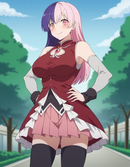 score_9, score_8_up, score_7_up, source_anime, <lora:nagomi-s1-ponyxl-lora-nochekaiser:1>, nagomi, long hair, bangs, purple hair, pink hair, multicolored hair, pink eyes, two-tone hair, split-color hair, large breasts, mature female,, <lora:sakura-kyoko-cosplay-ponyxl-lora-nochekaiser:1>, sakura kyoko cosplay, sakura kyoko (cosplay), black thighhighs, cosplay, detached sleeves, dress, frilled dress, frills, long sleeves, magical girl, miniskirt, pleated skirt, red dress, red skirt, sideboob, skirt, skirt under dress, sleeveless, sleeveless dress, thighhighs, zettai ryouiki,, streets, outdoors, smile, blush, hands on own hips,, cowboy shot, looking at viewer,, , dutch angle, cowboy shot
