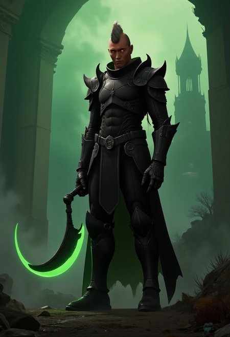 civitametapunk, hyper realistic and highly detailed, highly dynamic cinematic medium full shot view, an atmospheric and powerful dark fantasy, natural organic and impressionist classical-style painting of a horrifying towering chaos knight all dressed in black,he has a spiky desing or mohawk on the top of his head and the sides of his haistyle is short and neat, obsidian black armor, glowing red eyes, holding a glowing ghostly scythe, from below angle, menacing, atmospheric haze, motion blur, depth of field, cinematic, panoramic action movie full shot, panoramic full shot, Leather Brown hue and vibrant Midnight Green tint , cyberpunk, anime