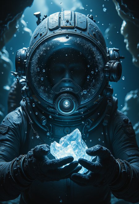 A hyper-realistic depiction of a deep-sea diver exploring the depths of an abyssal rift. The diver's suit, modeled after advanced deep-sea technology, is a rugged, high-pressure exosuit with thick, reinforced plating. The helmet's large, round visor reflects the faint bioluminescent glow of alien marine life surrounding them. The visor glass, slightly fogged and streaked with condensation, reveals the diverâs focused eyes lit by the soft glow of their HUD display.
Lighting and Atmosphere: The scene is lit by dim, scattered beams from the diverâs headlamp, cutting through the murky darkness of the ocean. Tiny, glowing plankton particles drift through the water, creating a sense of depth and mystery. In the distance, faint outlines of colossal, ancient structures loom, partially obscured by swirling underwater currents.
Surface Details: The suit's surface is scratched and weathered, with small patches of algae and barnacles clinging to the metal. Air bubbles rise slowly, adding motion to the stillness of the abyss. The diverâs gloves grasp a glowing relicâa crystalline artifactâits eerie blue light illuminating the immediate area.
Mood and Composition: The composition emphasizes the diverâs isolation, with a wide-angle perspective showcasing the vast, alien abyss around them. The silence of the deep ocean is almost tangible, broken only by the faint hum of equipment and the diverâs breathing. This immersive, cinematic shot captures the wonder and danger of exploring the unknown. aidmaMJ6.1 ral-watce