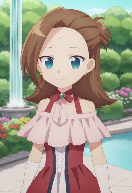 score_9, score_8_up, score_7_up, score_6_up, score_5_up, score_4_up , anime coloring ,BREAK source_anime, anime,screencap,
1girl, solo,  katc, forehead mark, redoutfit, off-shoulder dress,  yellow earrings, white gloves, red dress,<lora:PonyXL Young Catarina V2:1>
outdoors, garden, bushes, flowers, detailed background, fountain,  upper body
smile, looking at viewer,
