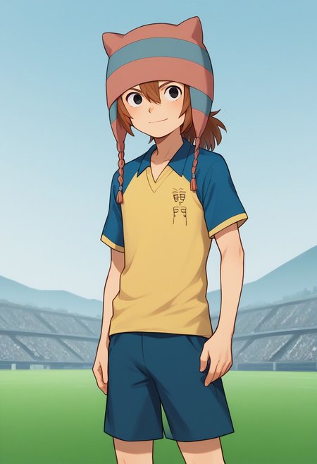 score_9, score_8_up, score_7_up, source_anime, highly detailed, 
matsuno, 1boy, male focus, solo, brown hair, ponytail, black eyes, hat, animal hat, sportwear, raimon, soccer uniform, raimon soccer uniform, shirt, raglan sleeves, blue shirt, yellow shirt, short sleeves, shorts, blue shorts, smile,
outdoor,