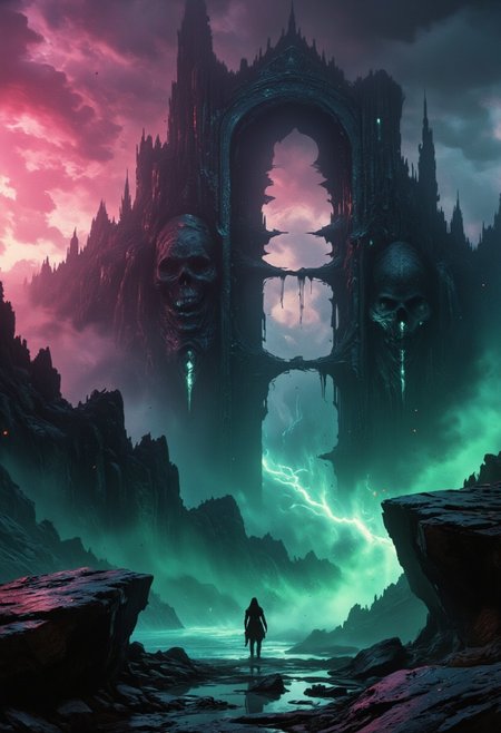 In a haunting landscape, a massive, ghostly gate looms in the background, its inner form eerily resembling a skull. The scene is shrouded in oppressive darkness, illuminated by sickly neon hues of pink, green, and blue, casting unsettling shadows over the terrain.
In the foreground, a colorful abyss of clay floats, bowing toward the viewer, while two dark, towering modern-medieval clay towers stand side by side, stretching into the high clouds. Their design incorporates sharp modern elements and jagged windows, connected by a precarious bridge that sways in the eerie atmosphere.
The air is thick with tension, as dark energy crackles ominously from the depths of the landscape, hinting at the horrors lurking just beyond the skull gate.