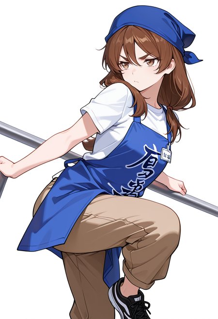 masterpiece,high quality details, absurdres,
 <lora:Natsuno_Yamada:0.8>
natsuno_cnr, 1girl, brown hair, long hair, hair between eyes, brown eyes, thick eyebrows,low-tied long hair,
employee uniform, white shirt, short sleeves,blue apron,brown pants, blue headwear,black sneakers, clothes writing,, simple background, white background, dutch angle,solo,, lonely,angry,, natural movement,arm draped over backrest,one foot up,