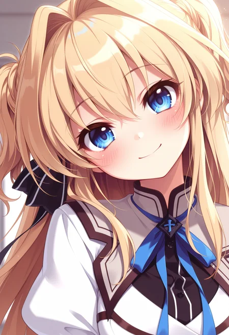 (best quality , masterpiece, good quality), sfw, general, 1girl, solo, msairi, blonde hair, blue eyes, two side up, hair intakes, ribbon, hair ribbon, school uniform, upper body, close-up, looking at viewer, head tilt, blush, smile,  <lora:ms-airi-v2_ilxl:1>,