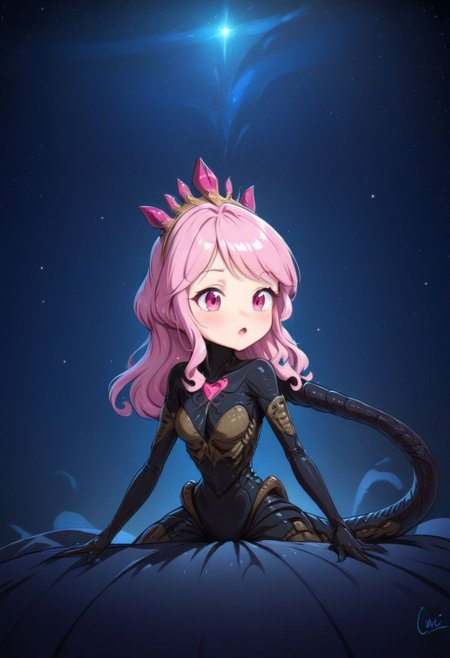 extremely cute xenomorph in space, disney princess, caric art, caricature, beautiful, adorable, 8k, hd, detailed, intricate details