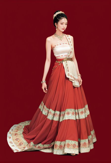 1girl,red background,,ruanyi1012,sari,dress,tube top,necklace,jewelry,bracelet,
full body,<lora:1012 traditional clothing 1_v1_pony:1>, score_9,score_8_up,score_7_up,,8k,1girl,solo,,